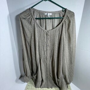 Women's Grey Top XL Tab Sleeves Pleated Front Green /yellow Dots Soft Feminine